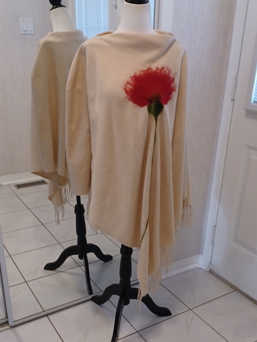 4/$80 Cream Cashmere Floral-Accent Poncho